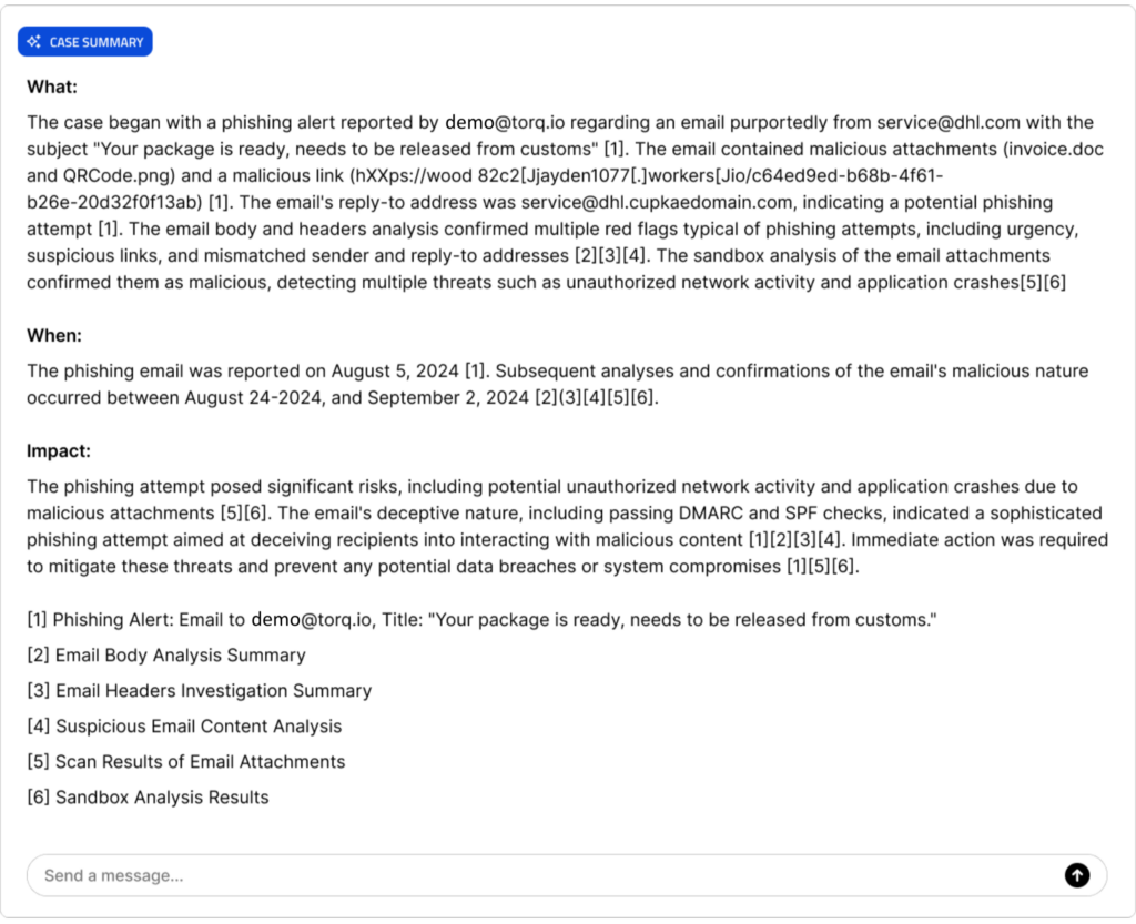 Example of how a a structured, evidence-based AI-generated case summary can help with building trust in AI in your SOC operations