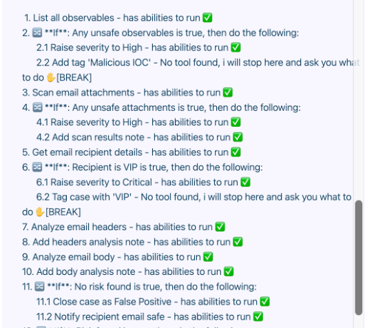 Example of an email analysis workflow generated by the Torq AI SOC Analyst that outlines 11 automated steps for security checks, with green checkmarks indicating executable actions except for two manual breaks serving as AI guardrails by requiring human intervention for tagging “Malicious IOC” and “VIP” cases.