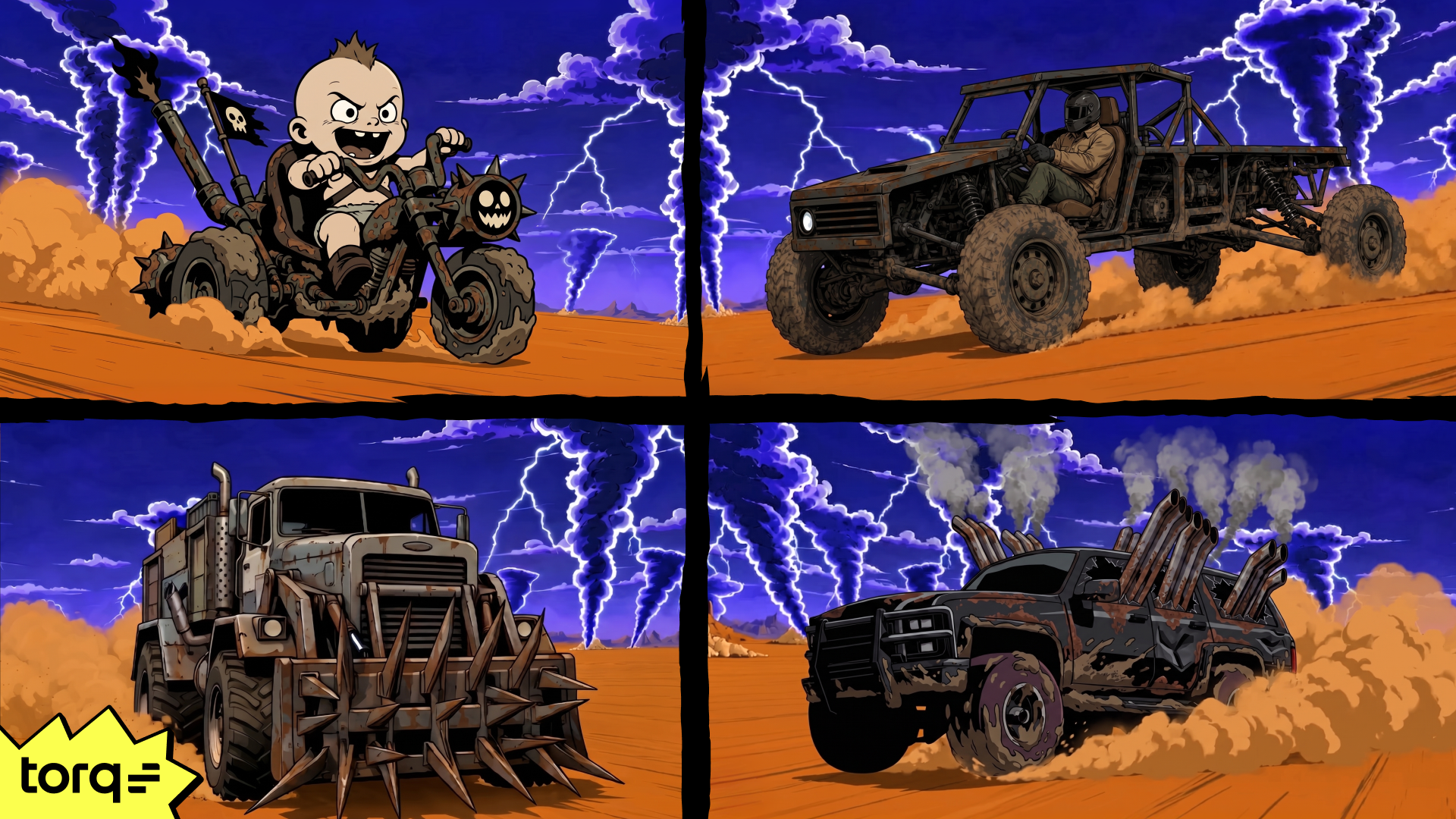 Comic-style illustration of four AI SOC vendor pretenders in the AI SOC apocalypse wasteland